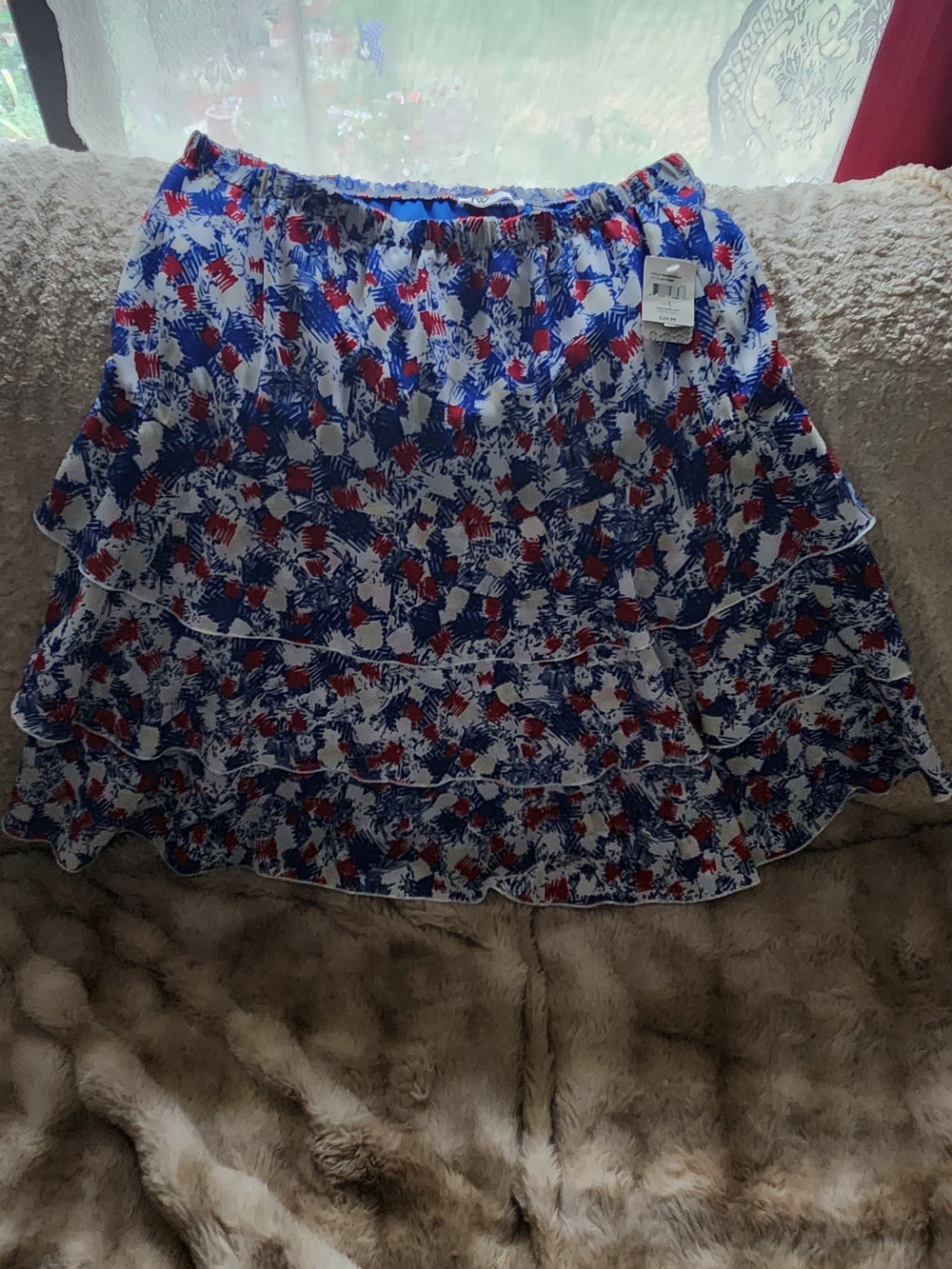 Blue and White Ruffled A-Line Skirt with Red Accents